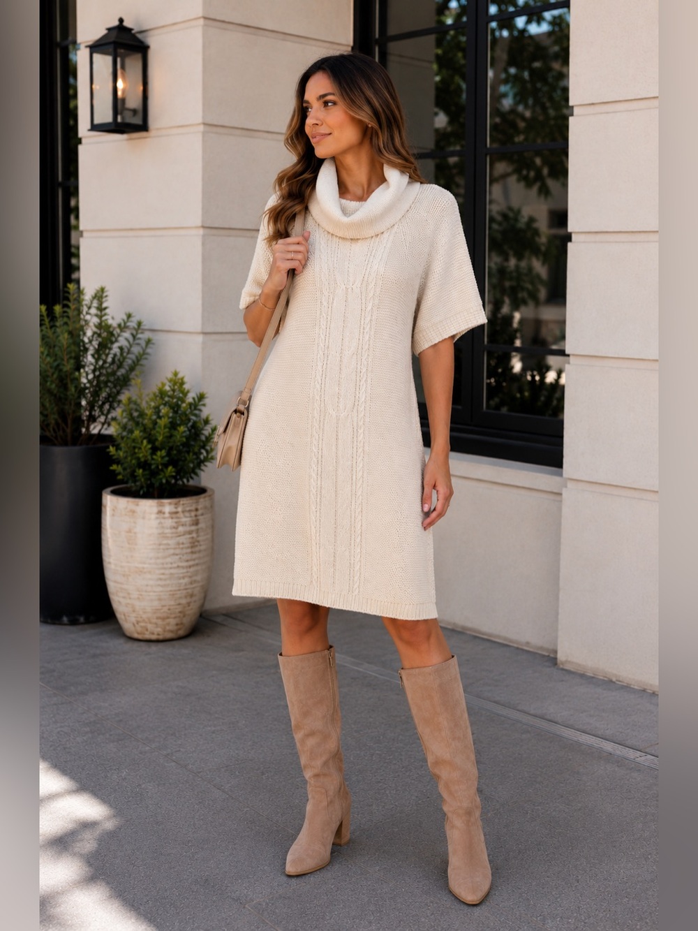 Tahari Ivory Cable Knit Cowl Neck Sweater Dress Size L